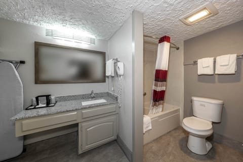 Combined shower/tub, hair dryer, towels