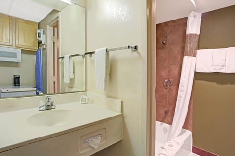 Combined shower/tub, free toiletries, hair dryer, towels