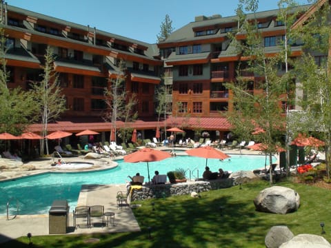 Outdoor pool, pool umbrellas, sun loungers