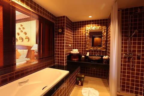 Deluxe Double Room | Bathroom | Separate tub and shower, rainfall showerhead, free toiletries