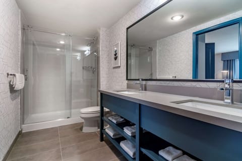 Combined shower/tub, free toiletries, hair dryer, towels