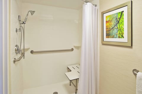 Combined shower/tub, deep soaking tub, free toiletries, hair dryer