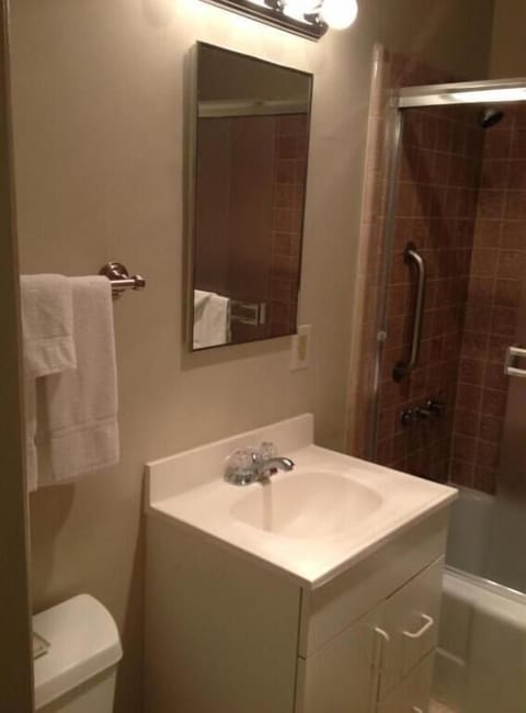 Combined shower/tub, free toiletries, hair dryer, towels