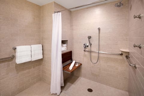 Shower, designer toiletries, hair dryer, towels