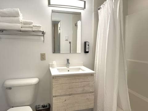 Combined shower/tub, free toiletries, hair dryer, towels