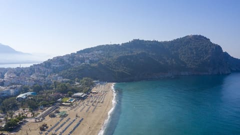 On the beach, sun loungers, beach umbrellas, beach bar