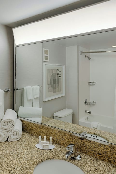 Combined shower/tub, eco-friendly toiletries, hair dryer, towels