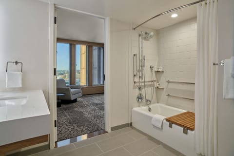 Combined shower/tub, eco-friendly toiletries, hair dryer, towels