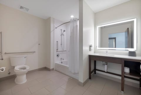 Hair dryer, towels, soap, shampoo