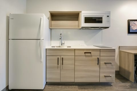 Full-size fridge, microwave, stovetop, freezer