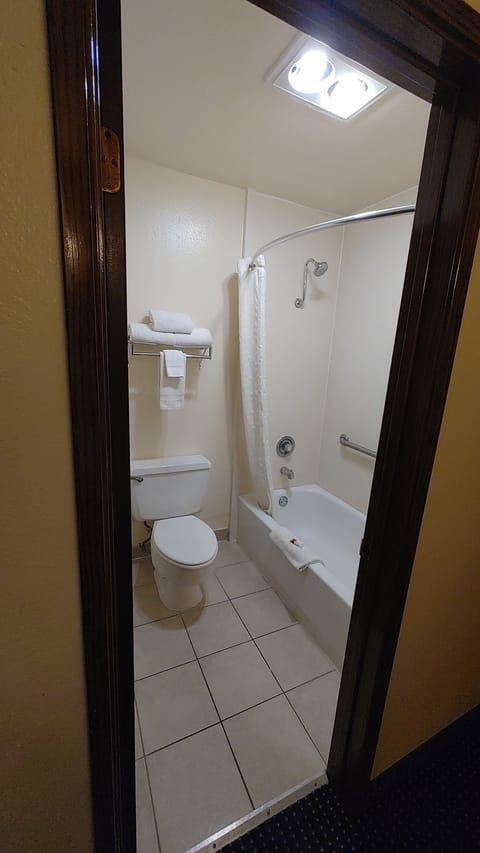 Combined shower/tub, free toiletries, hair dryer, towels