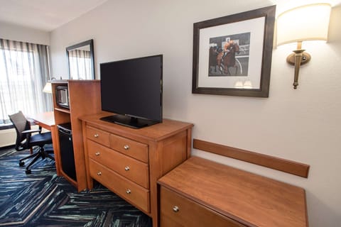 Hypo-allergenic bedding, desk, laptop workspace, blackout drapes