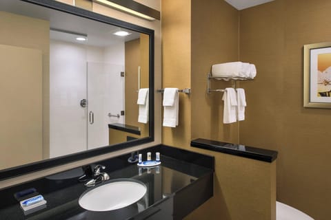 Combined shower/tub, hair dryer, towels