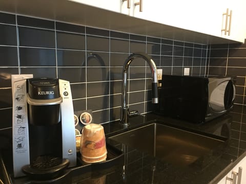 Full-size fridge, microwave, coffee/tea maker