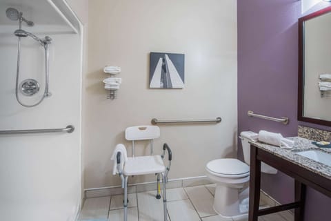 Combined shower/tub, free toiletries, hair dryer, towels