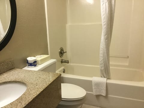 Combined shower/tub, free toiletries, hair dryer, towels