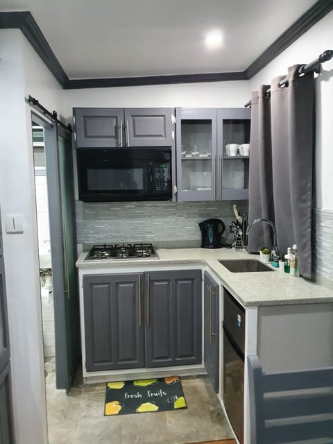 Deluxe Studio | Private kitchen | Fridge, microwave, toaster, cookware/dishes/utensils