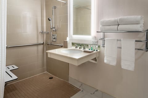 Traditional Room, 1 King Bed (Mobility Accessible, Roll-In Shower) | Bathroom | Combined shower/tub, designer toiletries, hair dryer, towels