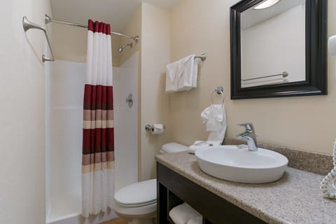 Combined shower/tub, hair dryer, towels