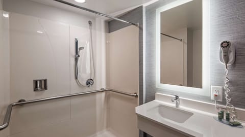 Combined shower/tub, free toiletries, hair dryer, towels