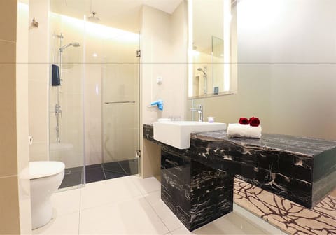 Executive Suite | Bathroom | Shower, hair dryer, towels