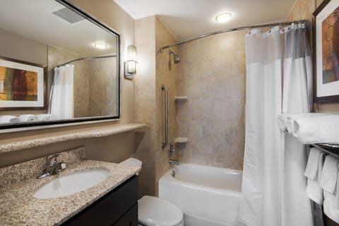 Combined shower/tub, hair dryer, towels