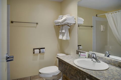 Combined shower/tub, free toiletries, towels