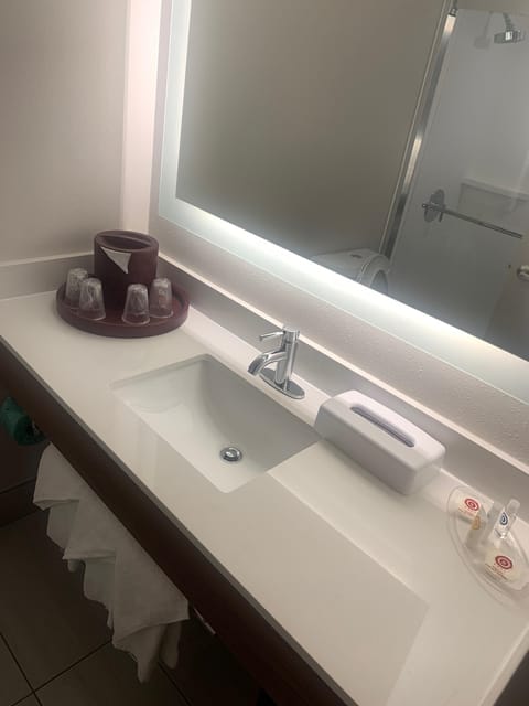 Combined shower/tub, free toiletries, hair dryer, towels