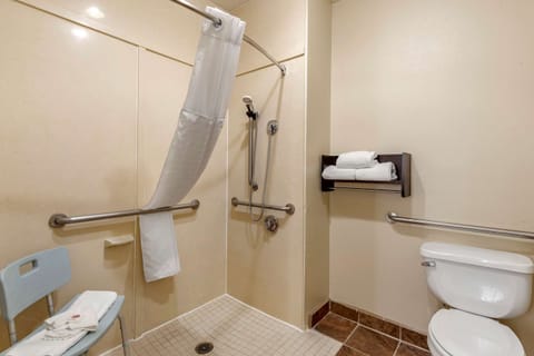 Combined shower/tub, free toiletries, hair dryer, towels