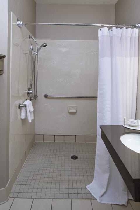 Combined shower/tub, free toiletries, hair dryer, towels