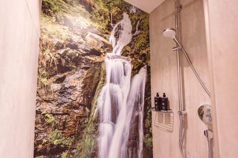 Shower, hydromassage showerhead, free toiletries, hair dryer