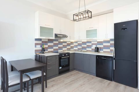 Design Apartment | Private kitchen | Full-size fridge, microwave, stovetop, electric kettle