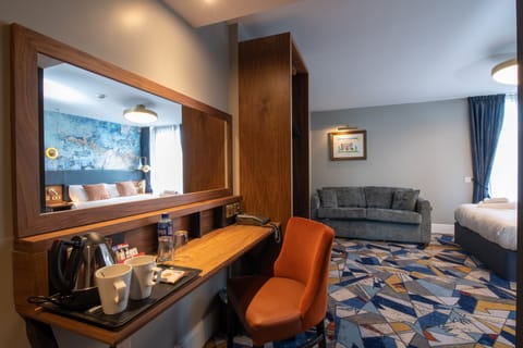 Hypo-allergenic bedding, desk, laptop workspace, iron/ironing board