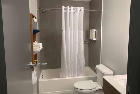 Combined shower/tub, free toiletries, hair dryer, towels