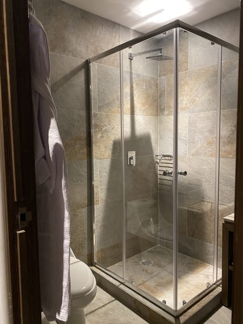 Shower, rainfall showerhead, free toiletries, hair dryer