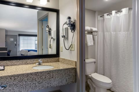 Combined shower/tub, free toiletries, hair dryer, towels