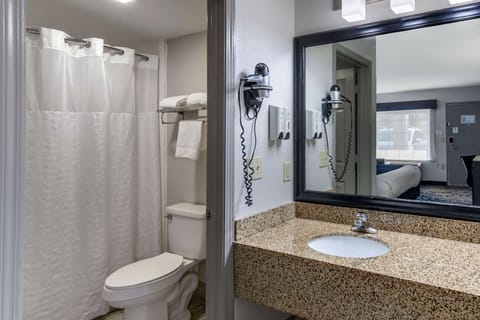 Combined shower/tub, free toiletries, hair dryer, towels