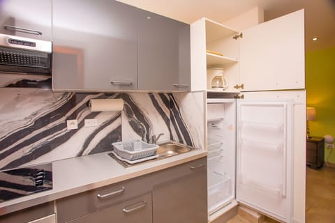 Deluxe Studio Suite | Private kitchen | Full-size fridge, oven, stovetop, coffee/tea maker