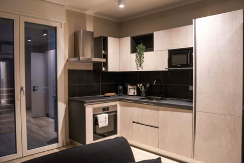 Deluxe Apartment | Private kitchen | Fridge, microwave, stovetop, cookware/dishes/utensils