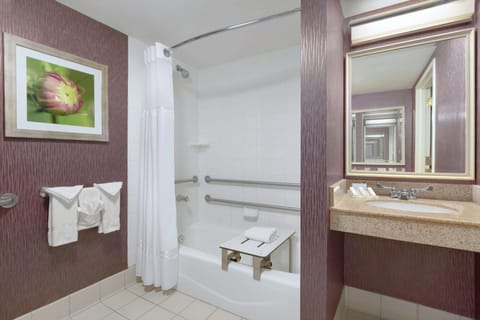 Combined shower/tub, free toiletries, hair dryer, towels