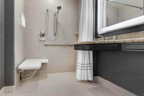 Room, 1 King Bed (Mobility/Hearing Access, Roll-In Shwr) | Bathroom | Free toiletries, hair dryer, towels, soap