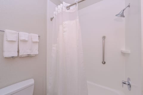 Combined shower/tub, free toiletries, hair dryer, towels