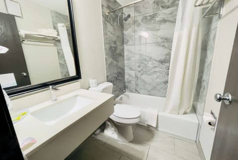 Combined shower/tub, free toiletries, hair dryer, towels