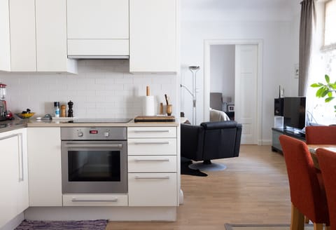 Deluxe Apartment | Private kitchen | Fridge, microwave, oven, stovetop