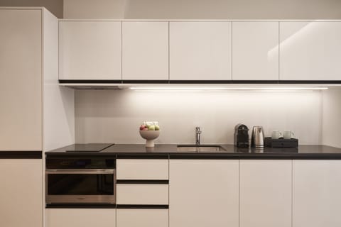 Deluxe Apartment | Private kitchen | Fridge, microwave, oven, stovetop