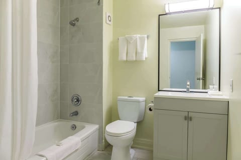 Combined shower/tub, free toiletries, hair dryer, towels