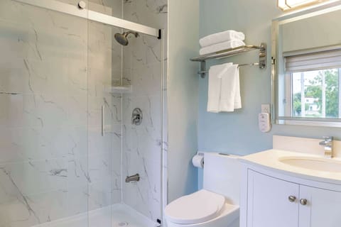 Combined shower/tub, free toiletries, hair dryer, towels