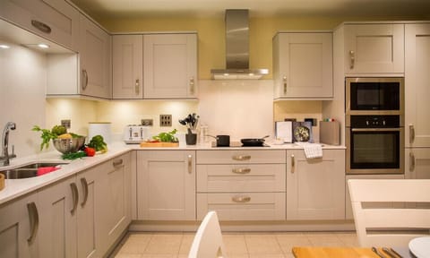 Fridge, dishwasher, cookware/dishes/utensils