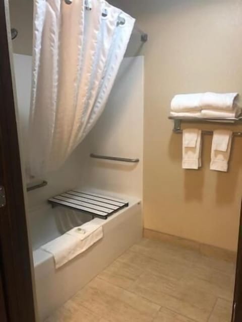 Combined shower/tub, hair dryer, towels