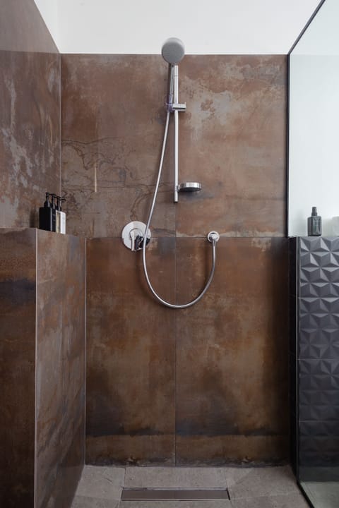 Shower, rainfall showerhead, hair dryer, bathrobes